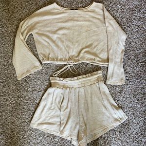Kittenish Cabo cream lounge shorts and crop shirt.